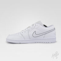 Custom Zeus Jordan 1 Low sneaker with white leather upper and metallic silver Nike Swoosh inspired by Greek mythology
