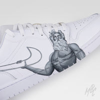 Close-up of hand-painted Zeus artwork on custom Jordan 1 Low sneaker featuring detailed Greek god illustration and metallic silver Swoosh