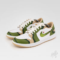 Fairway Camo custom Nike Air Jordan 1 Low Golf sneaker with green camo pattern and golf hole flag swoosh design