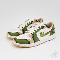 Fairway Camo custom Nike Air Jordan 1 Low Golf sneaker with green camo pattern and golf hole flag swoosh design