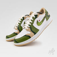 Fairway Camo custom Nike Air Jordan 1 Low Golf sneaker with green camo pattern and golf hole flag swoosh design