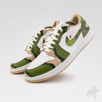 Fairway Camo custom Nike Air Jordan 1 Low Golf sneaker with green camo pattern and golf hole flag swoosh design
