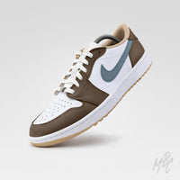 Fairway Fog custom Nike Air Jordan 1 Low Golf sneaker with brown overlays, white base and grey swoosh