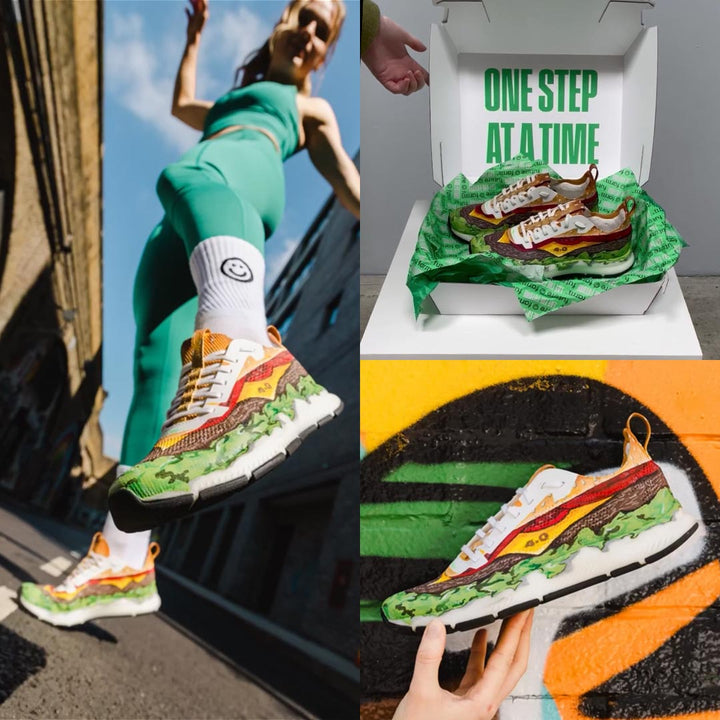 Custom hyloathletic runners with a hand painted burger silhouette worn by a marathon runner for future farm