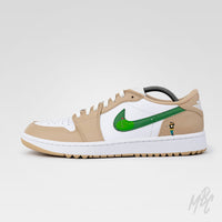 Happy Golfing Beige custom Nike Air Jordan 1 Low Golf sneaker with green swoosh, golf green graphic and golfer character detail