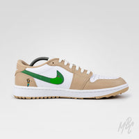 Custom golf shoes Nike Air Jordan 1 Low Golf Happy Golfing Beige with hand painted golfer illustration and putting green swoosh