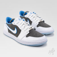 Custom Nike Jordan 1 Low Golf Legend sneaker customised with slate grey suede material cut and sewn to the shoe