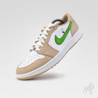 Custom Jordan golf shoes Putting Swoosh Beige Air Jordan 1 Low Golf with green swoosh and hand painted golfer illustration