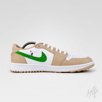 Custom golf shoes Nike Air Jordan 1 Low Golf Putting Swoosh Beige with illustrated golfer and putting green swoosh