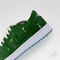 Sunday Golf Club custom Nike Jordan 1 Low Golf sneaker with miniature golfer artwork and green leather upper detail