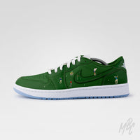 Custom green Nike Jordan 1 Low Golf sneaker with miniature golfer illustrations and golf course inspired detailing