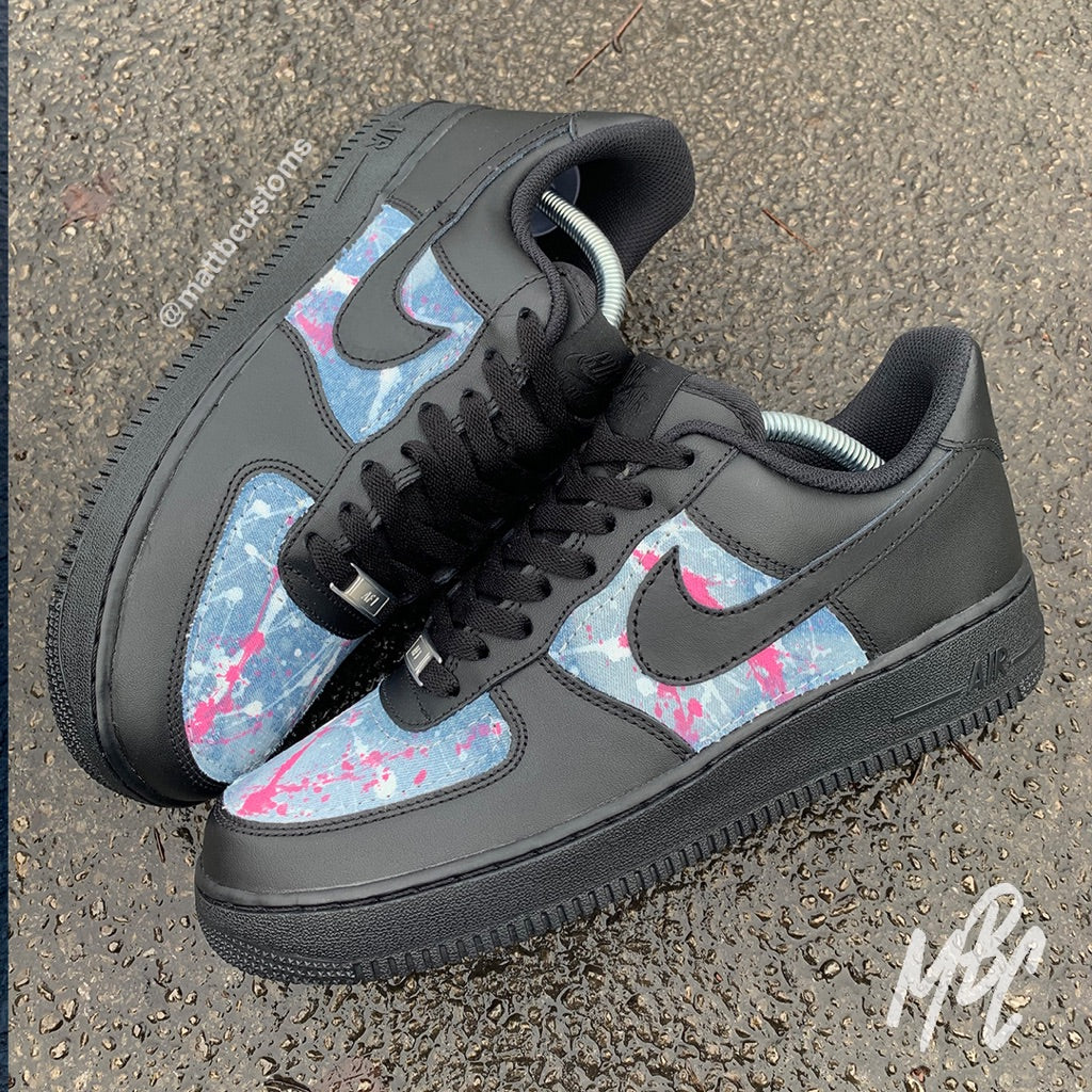 Acid Wash Paint Splat Denim - Air Force 1 Black Custom Nike Sneakers