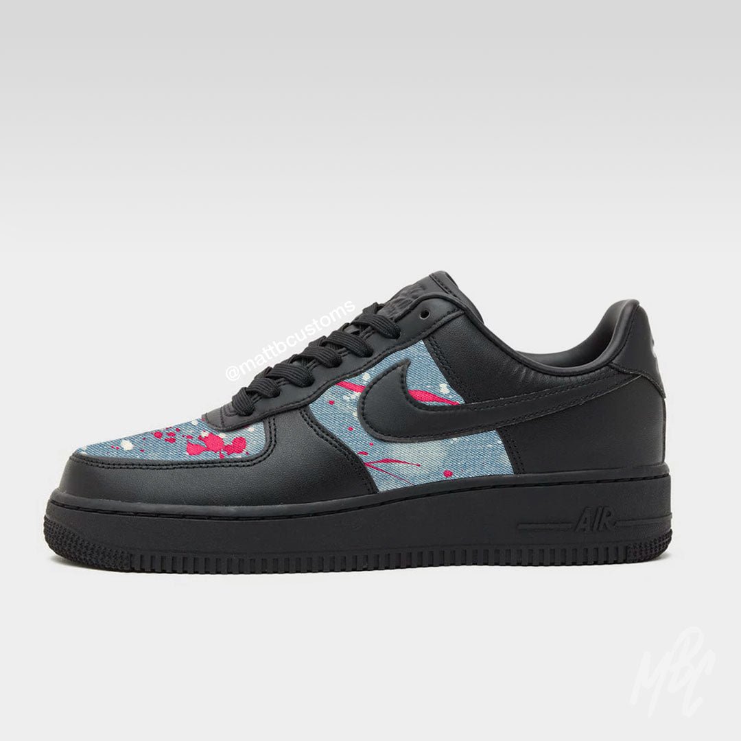 Acid Wash Paint Splat Denim - Air Force 1 Black Custom Nike Sneakers