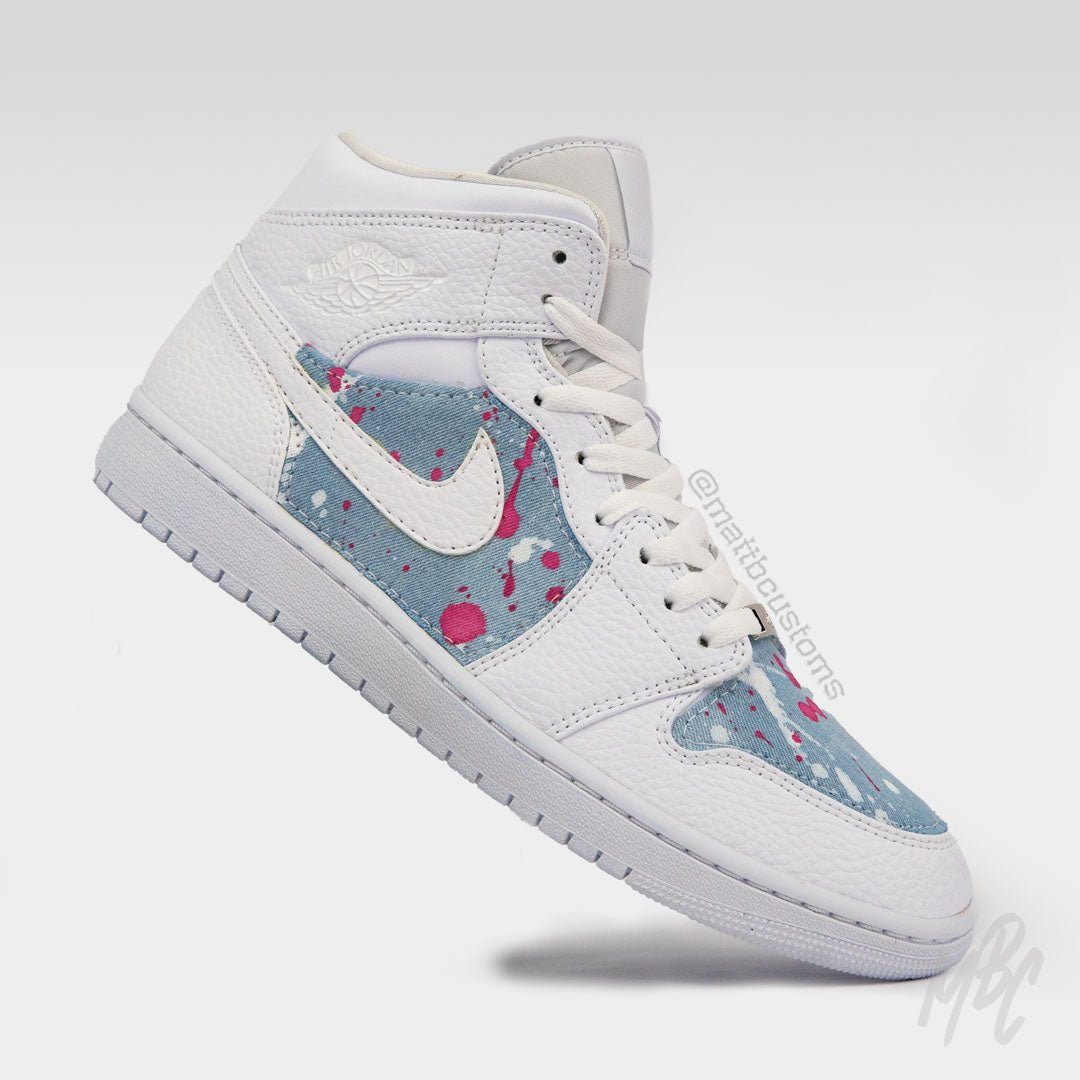 Acid Wash Paint Splat Denim - Jordan 1 Mid Custom Nike Sneakers