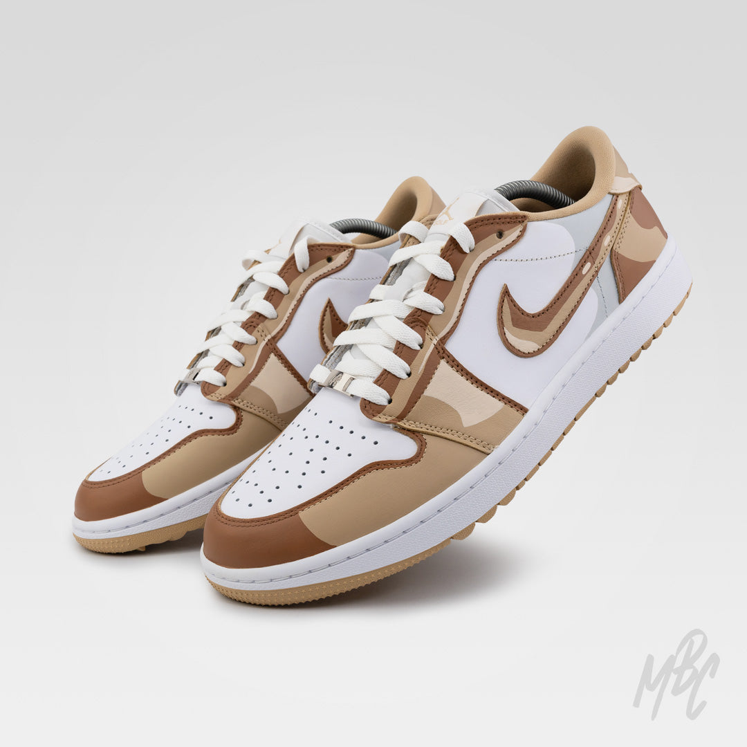 Hand-painted 2D Illustration Jordan 1 Low Golf trainers featuring cartoon-inspired camouflage detailing and premium golf-ready construction
