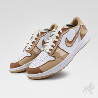 Hand-painted 2D Illustration Jordan 1 Low Golf trainers featuring cartoon-inspired camouflage detailing and premium golf-ready construction