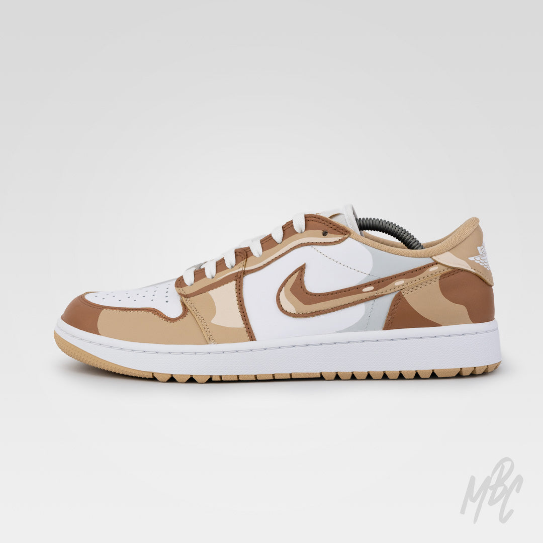 Custom Jordan 1 Low Golf sneaker with 2D Illustration design, desert camouflage colour palette and outlined Nike Swoosh artwork