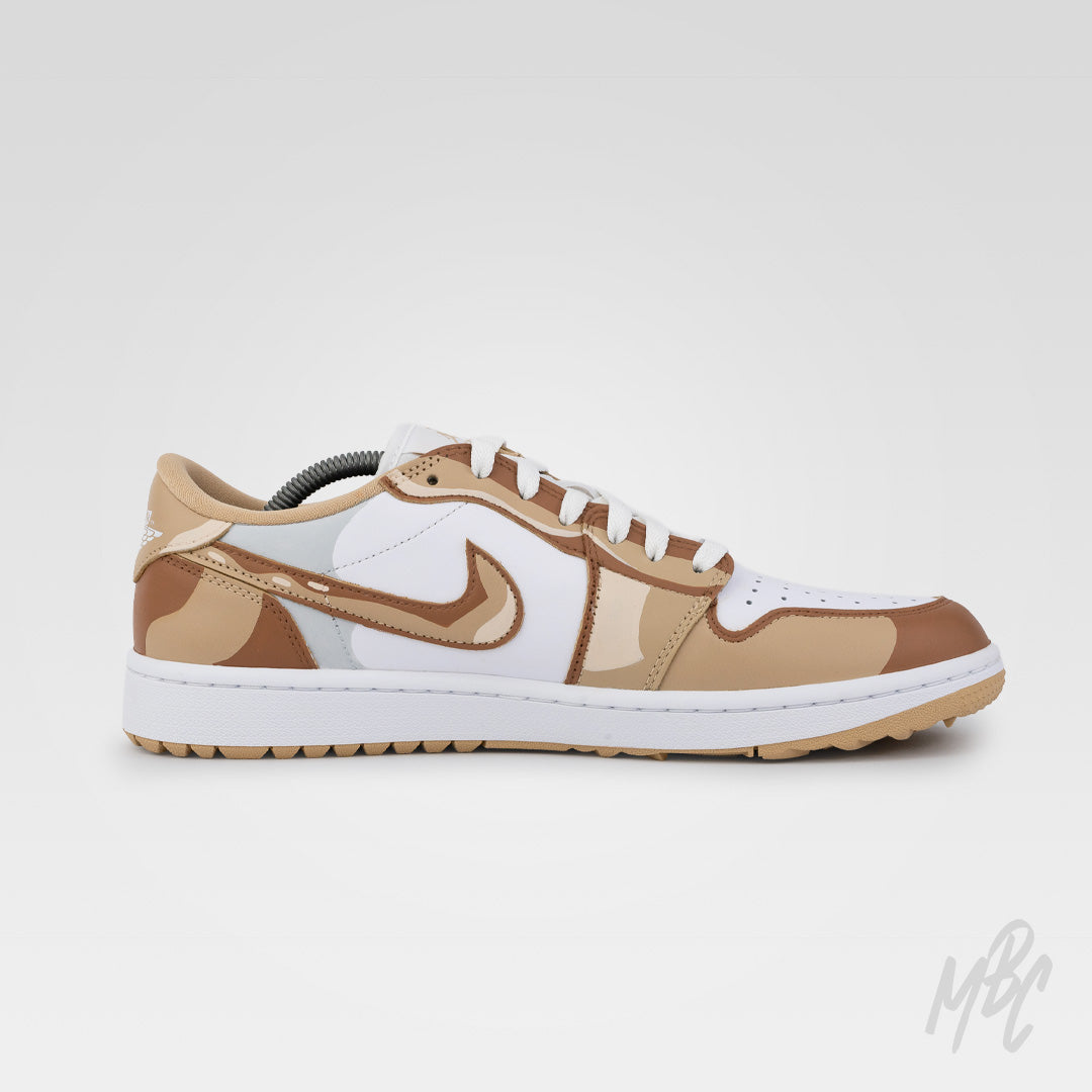 2D Illustration custom Jordan 1 Low Golf shoe featuring beige and brown camouflage graphics with hand-painted cartoon-style outlines