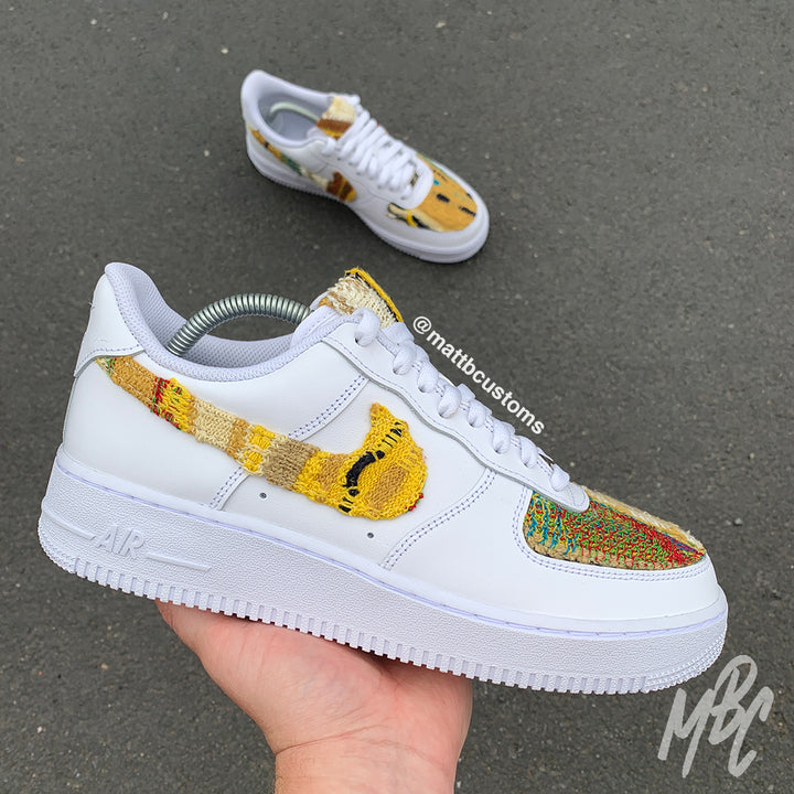 air force 1 trainers with coogi jumper cut, glued and sewn to swooshes and toe boxes