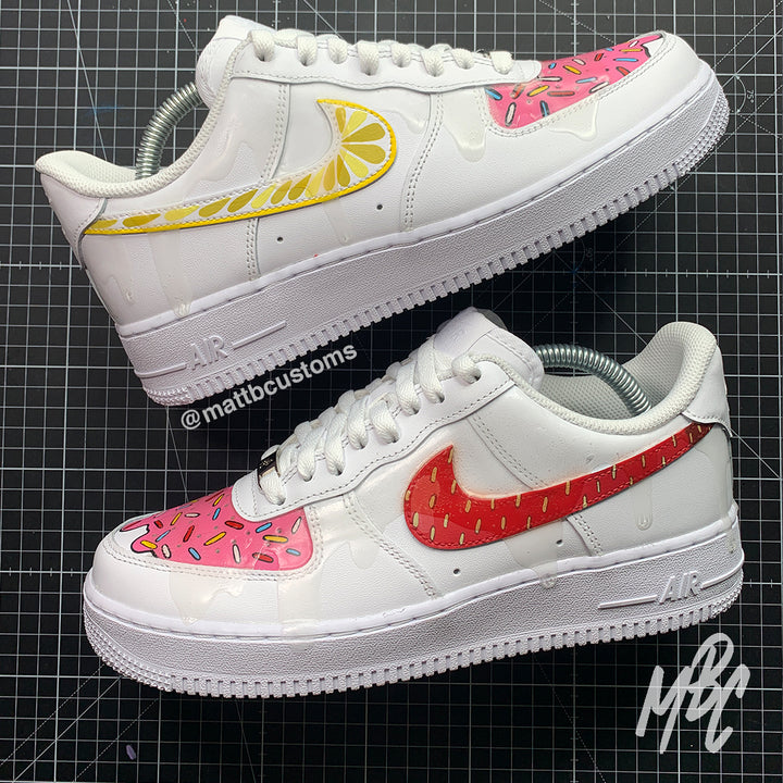 custom air force 1 trainers with pancake topping designs and a dripping plastic coating to look like dripping icing