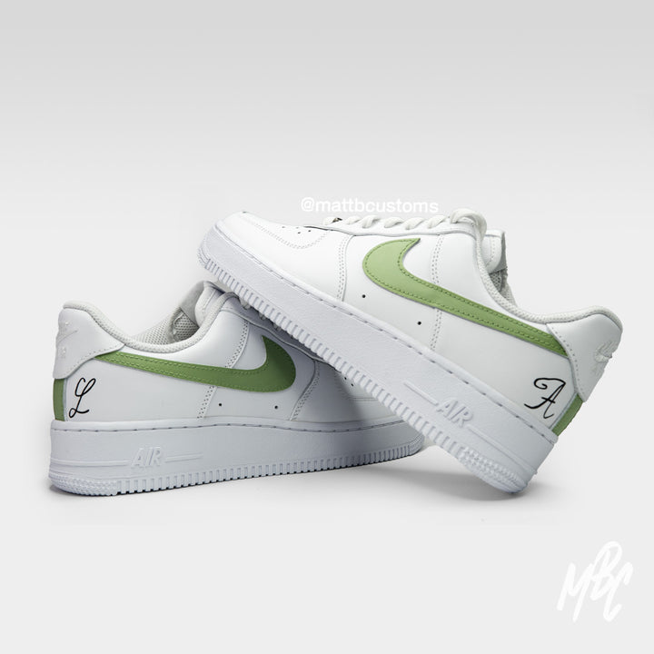 White Air Force 1 Trainers with Sage Green Swooshes and Initials and Wedding Date