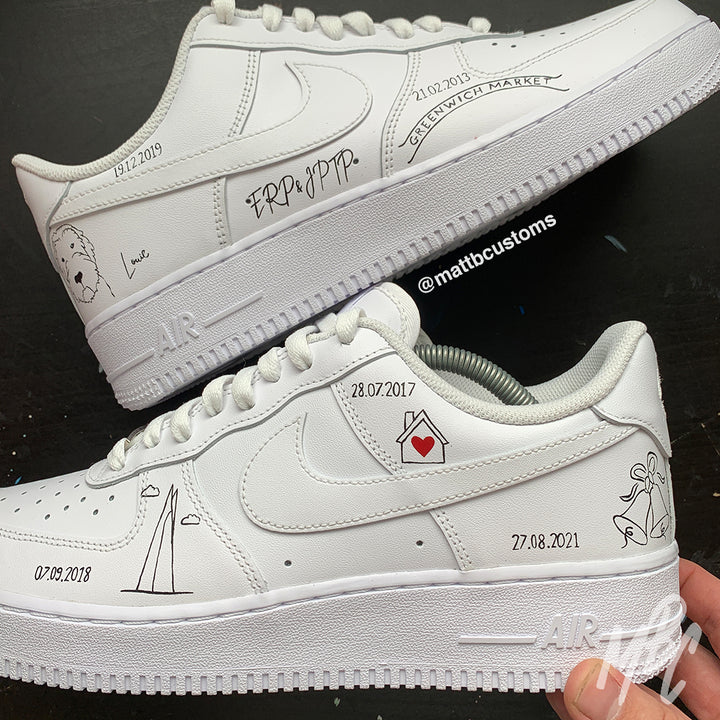 Custom wedding themed Air Force 1's with illustrations to represent memories of the couple.