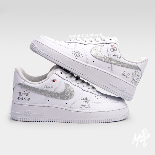 White Air Force 1 Wedding Custom Trainers with Silver Swooshes and Illustrations