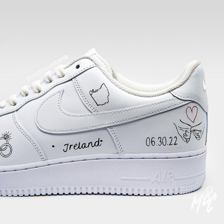 White Air Force 1 Custom Sneakers with Wedding Line Illustrations