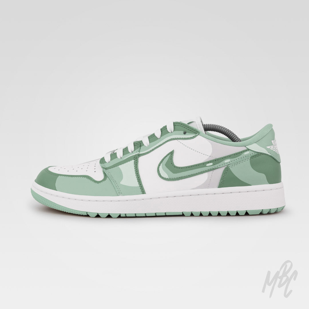Custom Jordan 1 Low Golf sneaker with 2D Illustration design, desert camouflage colour palette and outlined Nike Swoosh artwork