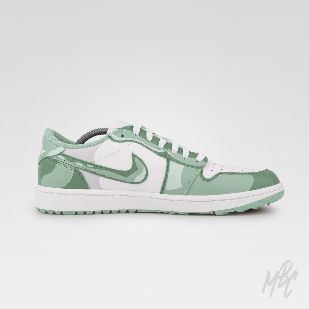 2D Illustration custom Jordan 1 Low Golf shoe featuring beige and brown camouflage graphics with hand-painted cartoon-style outlines