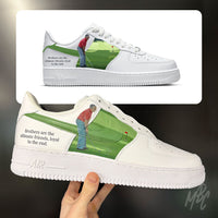 Custom Nike Air Force 1 golf sneaker with personalised golf course artwork and memorial quote alongside mock-up design