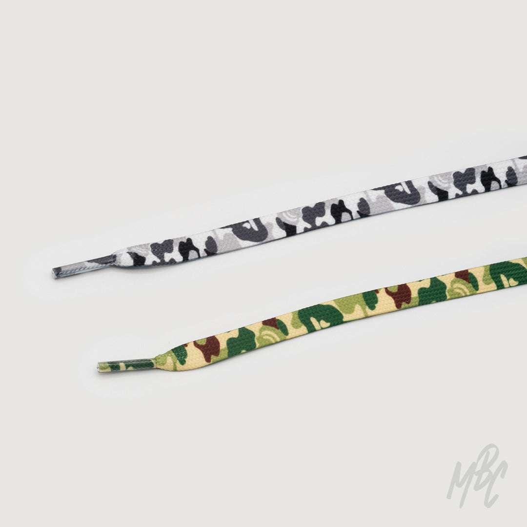 Grey camouflage and green camouflage flat sneaker laces for custom trainers, streetwear sneakers and footwear personalisation