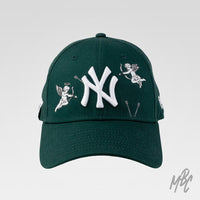 Cherub New Era NY custom cap in green with embroidered cupid angels and raised NY logo detail