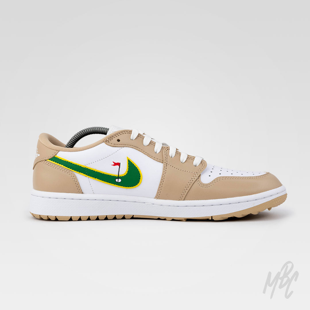 Clean on the Green 2.0 Jordan 1 Low Golf Custom opposite side view with beige panels and golf flag swoosh