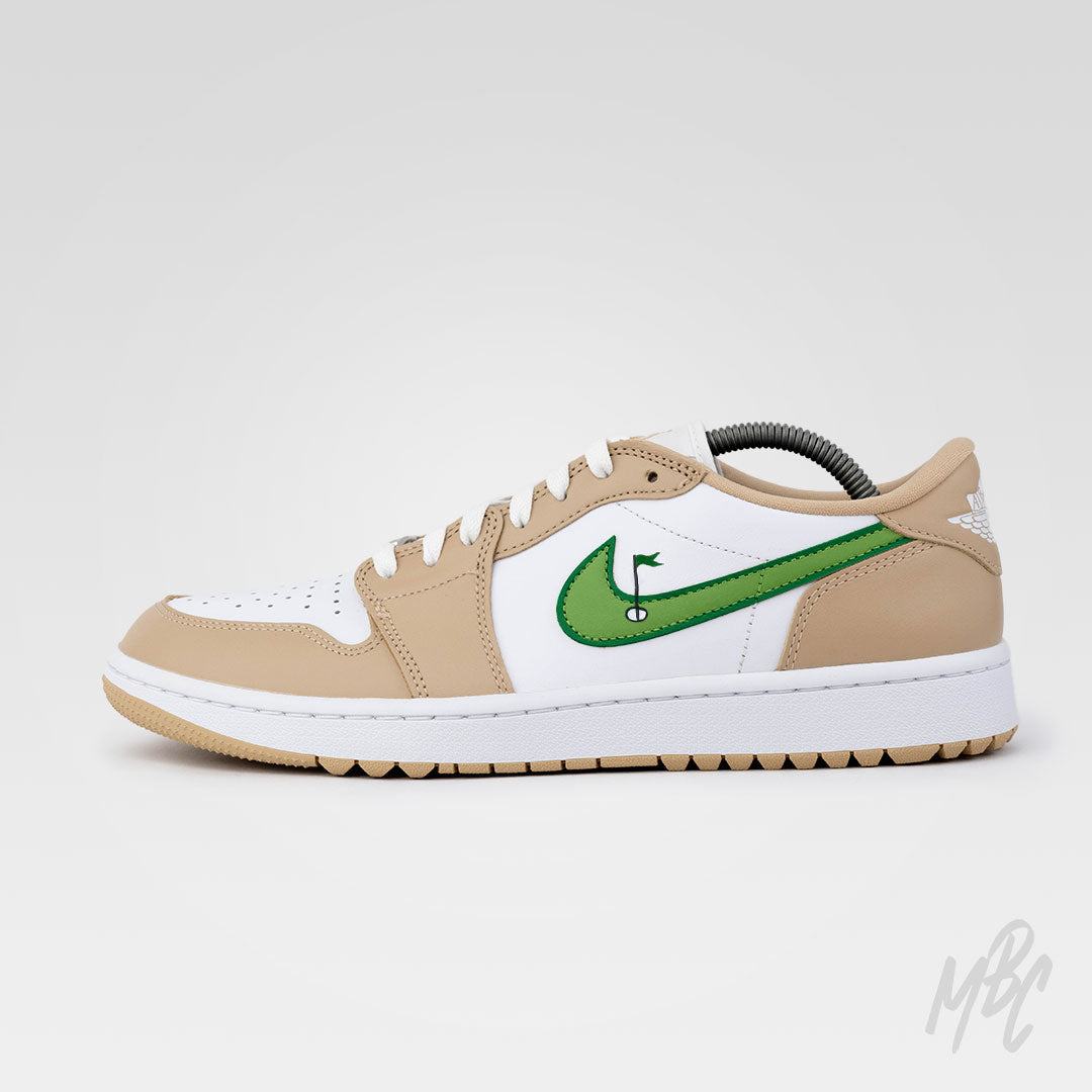 Clean on the Green 2.0 Jordan 1 Low Golf Custom lateral side view with golf pin swoosh detail