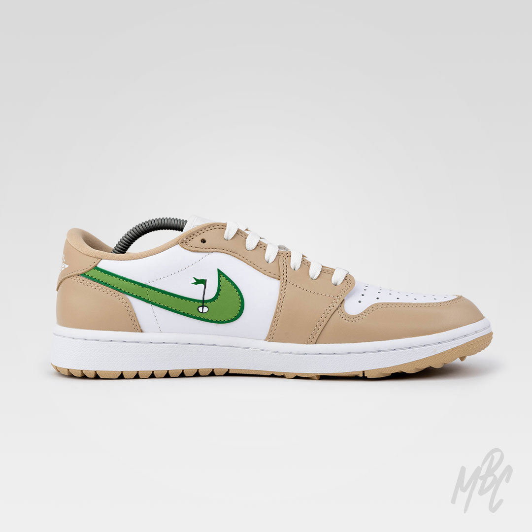 Clean on the Green 2.0 Jordan 1 Low Golf Custom profile with beige leather overlays and green swoosh