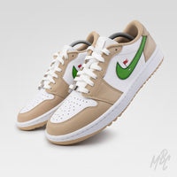 Clean on the Green 2.0 custom Jordan 1 Low Golf shoes featuring beige and white colour blocking with hand-painted golf-inspired green Swoosh details