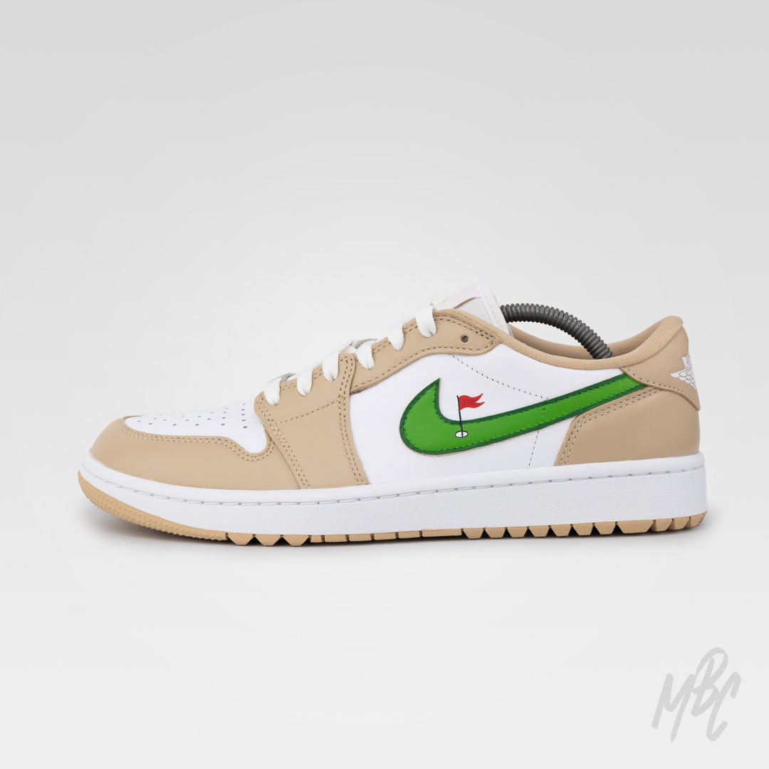 Custom Jordan 1 Low Golf shoe featuring Clean on the Green 2.0 design with hand-painted golf course inspired Swoosh and premium beige colourway