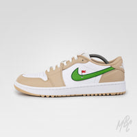 Custom Jordan 1 Low Golf shoe featuring Clean on the Green 2.0 design with hand-painted golf course inspired Swoosh and premium beige colourway