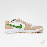 Clean on the Green 2.0 custom Jordan 1 Low Golf sneaker with beige leather overlays and golf-themed green Nike Swoosh artwork
