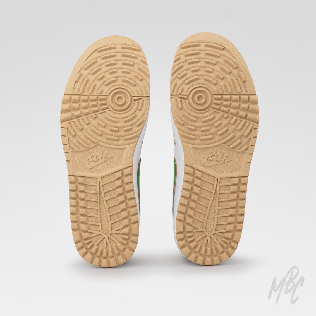 Jordan 1 Low Golf outsole with spikeless golf tread pattern on Clean on the Green 2.0 custom golf shoes