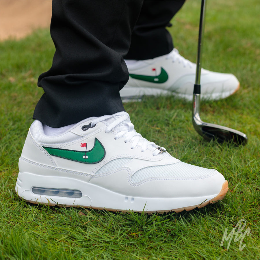 Clean on the Green Air Max 1 Golf Custom Golf Sneakers in white on Golf Course