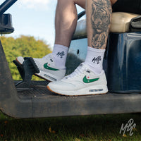 Clean on the Green Air Max 1 Golf Custom Golf Sneakers in white in Golf Buggy on Golf Course