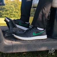 Clean on the Green Nike Jordan 1 Low Golf Custom Golf Sneakers in Black in Golf Buggy on Golf Course