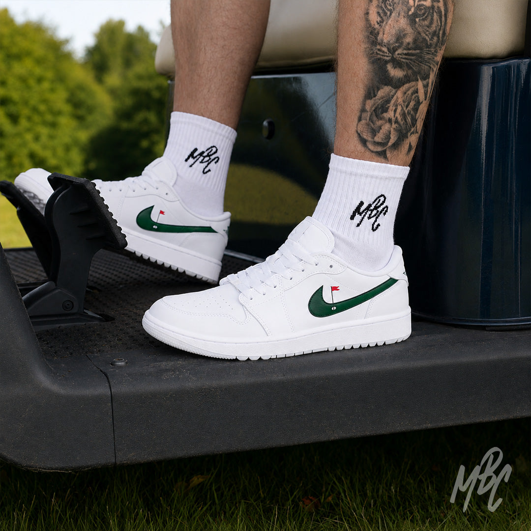 Clean on the Green Nike Jordan 1 Low Golf Custom Sneakers in grey in Golf buggy on Golf course