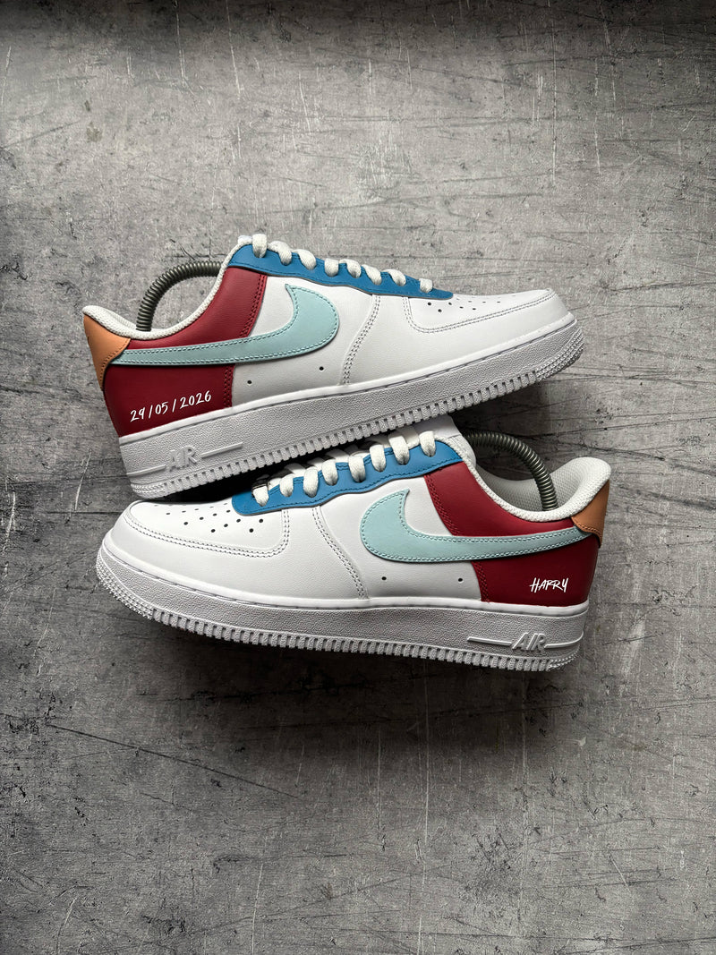 Custom Nike Air Force 1 with personalised names, date and bespoke colourway design