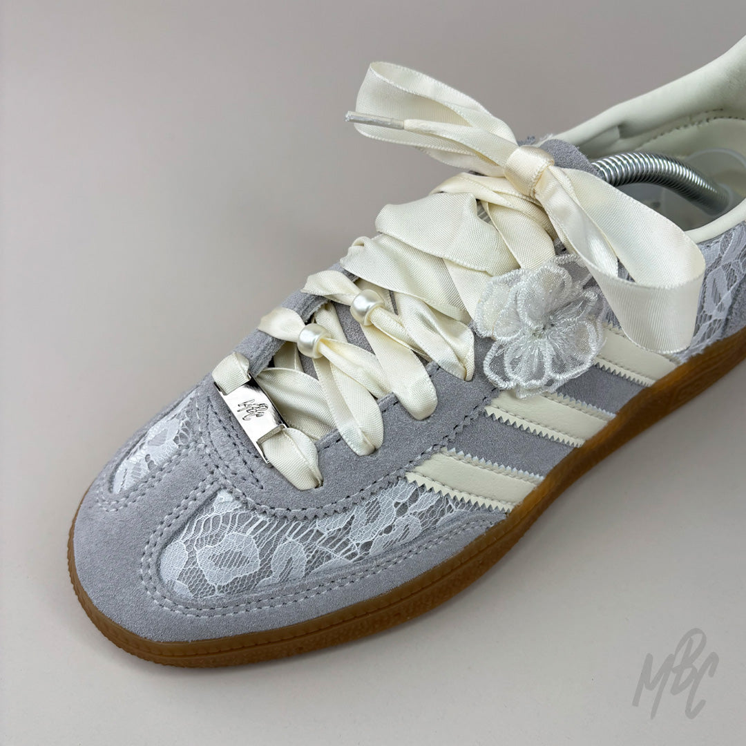 Ivory Ribbon Shoelaces on Adidas Grey Spezial Custom Sneaker