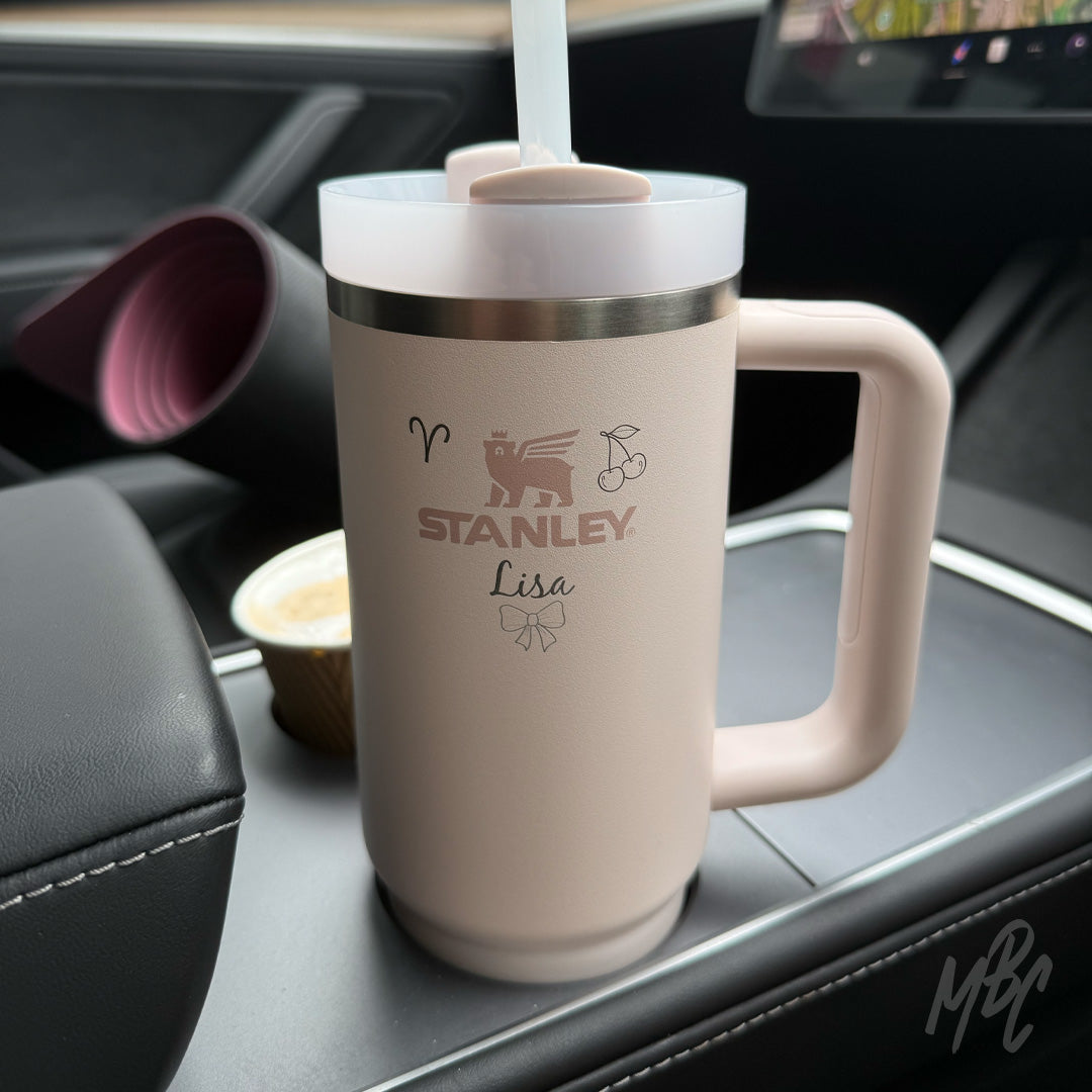 Custom Engraved Stanley Quencher. Car essentials. Custom drinkware gift with name engraving for lifestyle or corporate use.