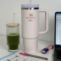 Custom Engraved Stanley Quencher. Office girly essentials. Custom drinkware gift with name engraving for lifestyle or corporate use.
