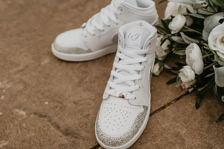 Custom Nike Jordan 1 Mid Trainers for Wedding with silver Diamontes for the Bride